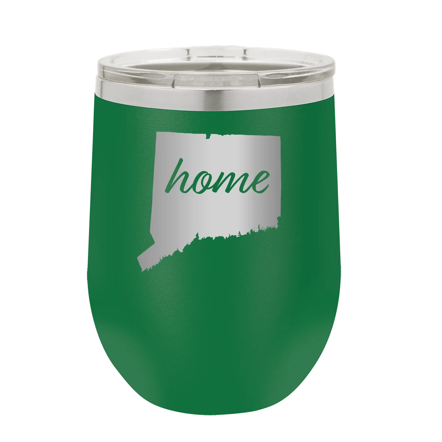 Laser etched green 12 oz vacuum insulated wine cup with 'Connecticut Home' design