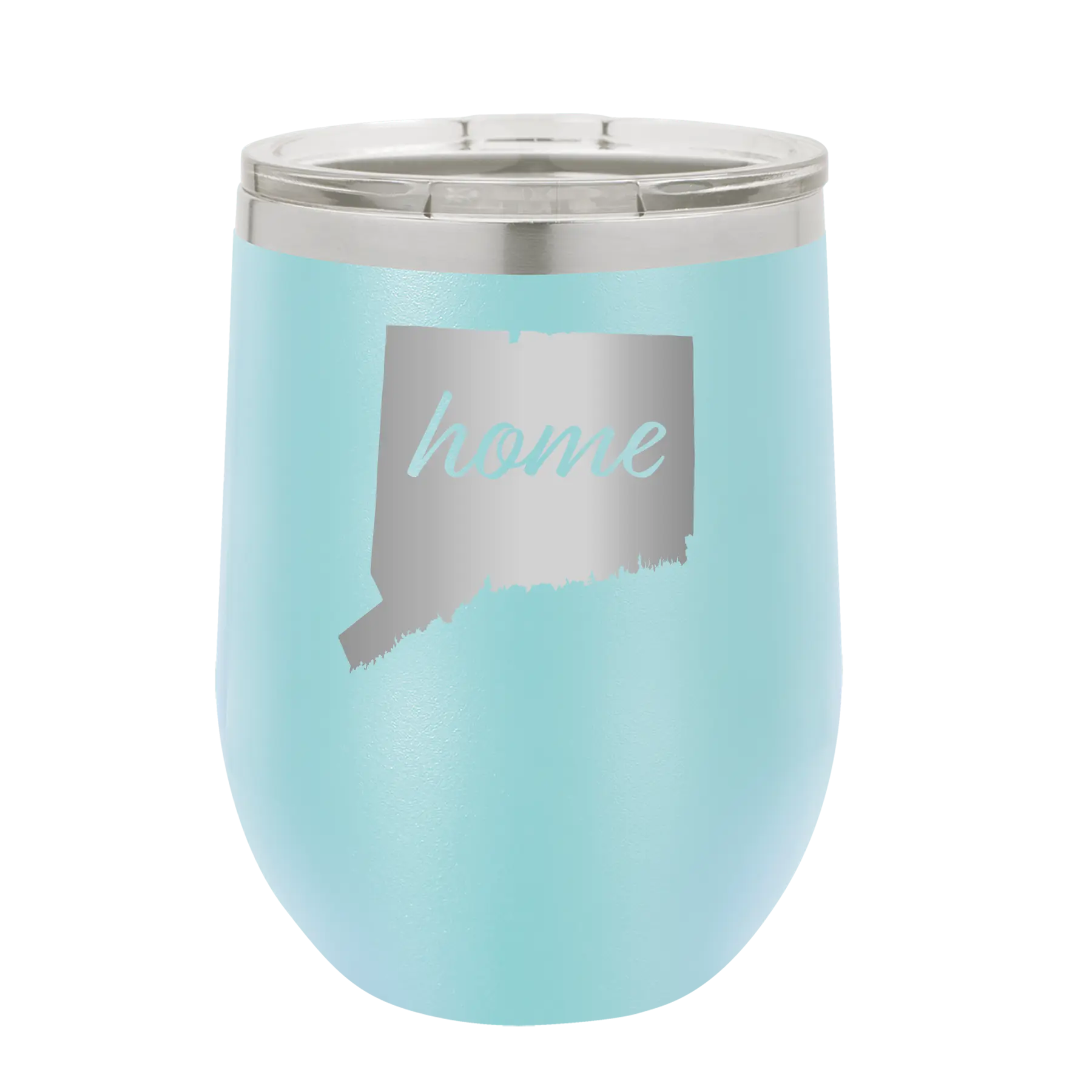 Laser etched light blue 12 oz vacuum insulated wine cup with 'Connecticut Home' design