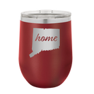 Laser etched maroon 12 oz vacuum insulated wine cup with 'Connecticut Home' design