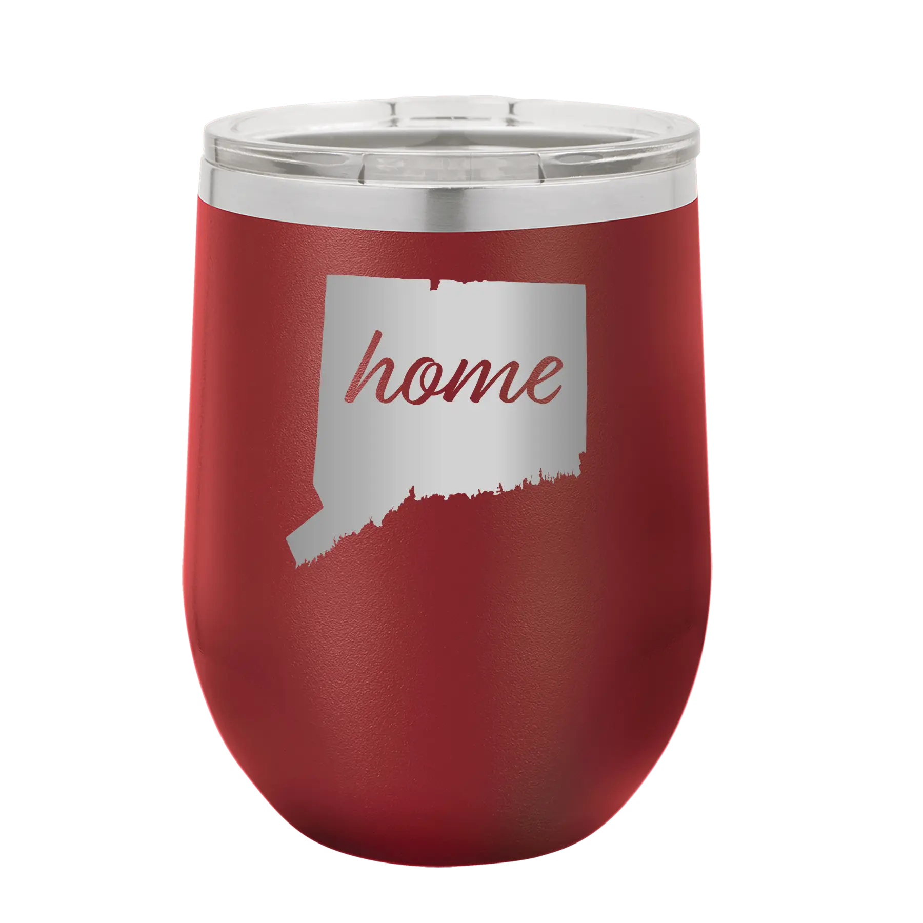Laser etched maroon 12 oz vacuum insulated wine cup with 'Connecticut Home' design