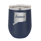 Laser etched navy 12 oz vacuum insulated wine cup with 'Connecticut Home' design