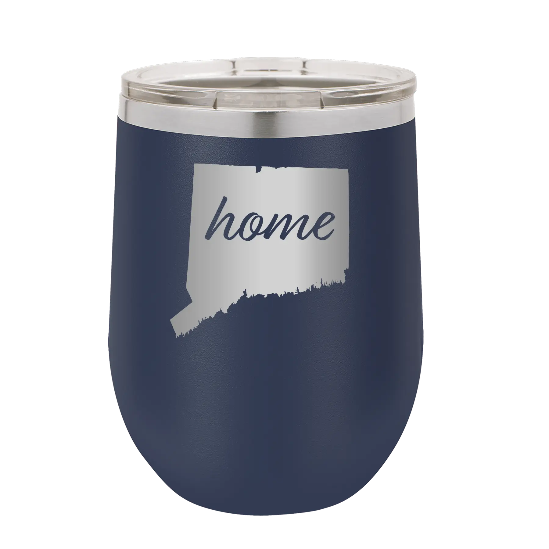 Laser etched navy 12 oz vacuum insulated wine cup with 'Connecticut Home' design