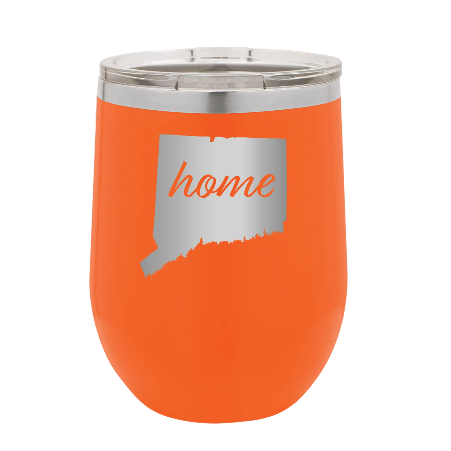 Laser etched orange 12 oz vacuum insulated wine cup with 'Connecticut Home' design