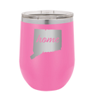 Laser etched pink 12 oz vacuum insulated wine cup with 'Connecticut Home' design