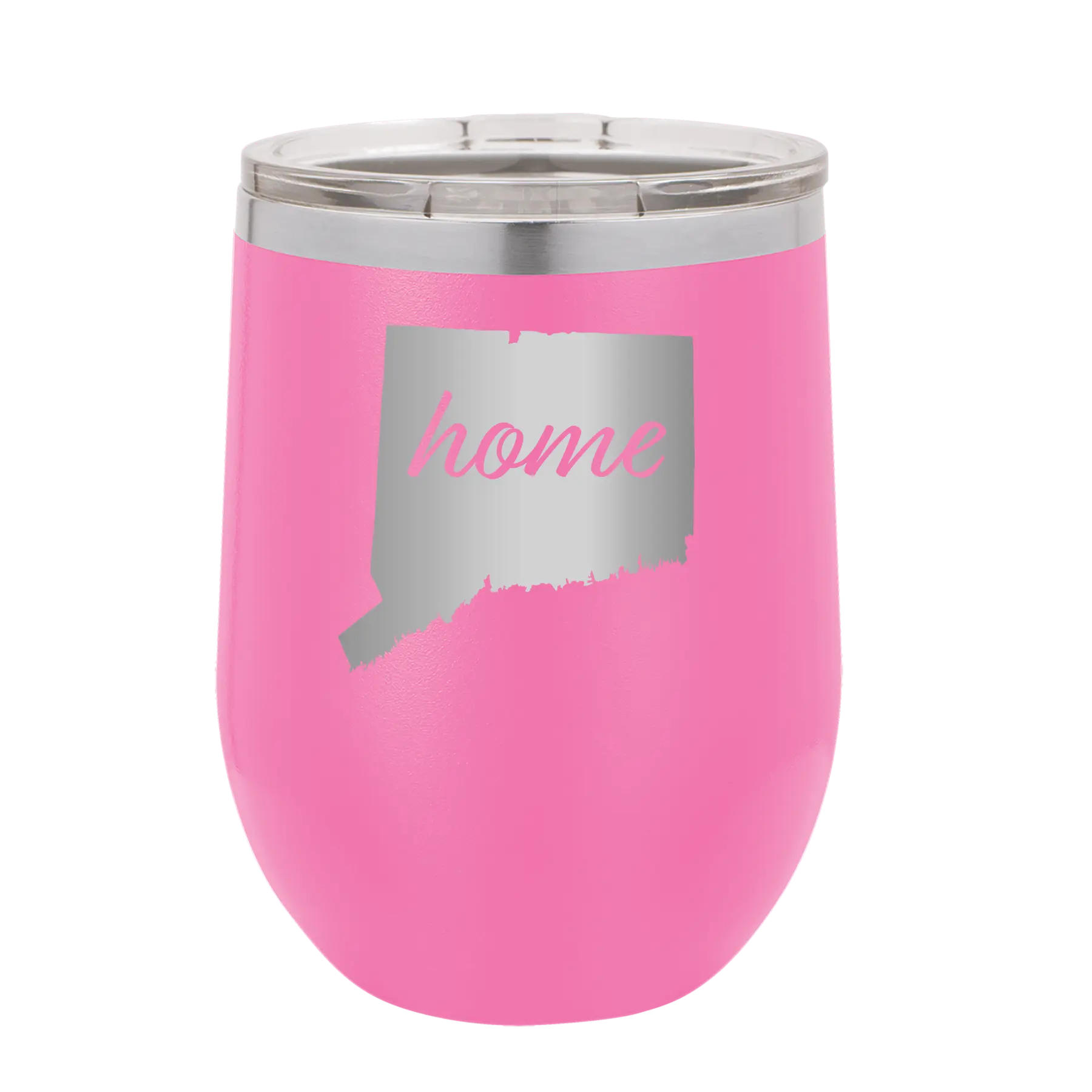 Laser etched pink 12 oz vacuum insulated wine cup with 'Connecticut Home' design