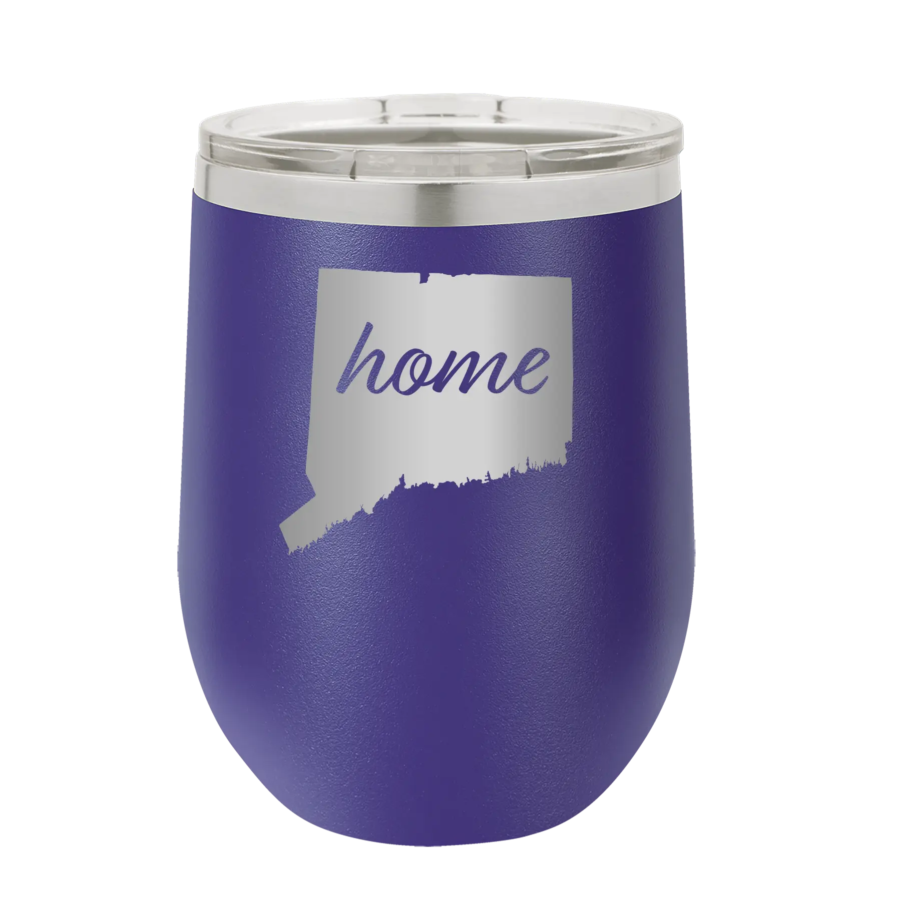Laser etched purple 12 oz vacuum insulated wine cup with 'Connecticut Home' design