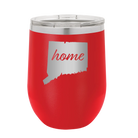 Laser etched red 12 oz vacuum insulated wine cup with 'Connecticut Home' design