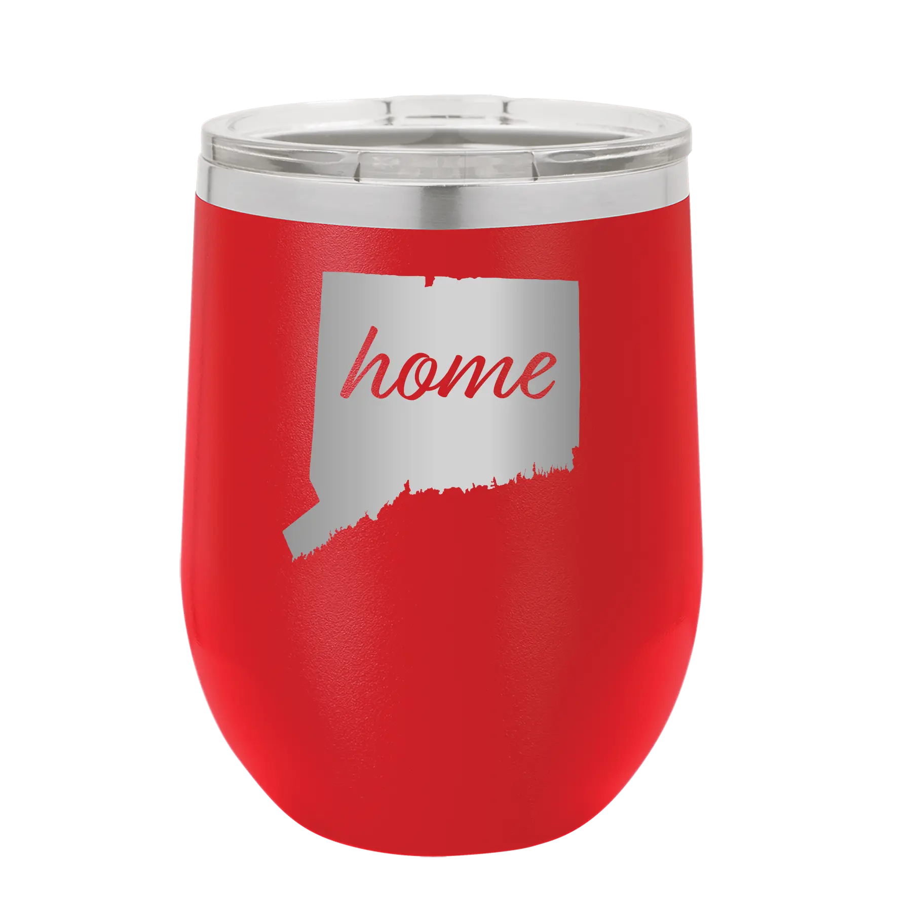Laser etched red 12 oz vacuum insulated wine cup with 'Connecticut Home' design