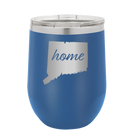 Laser etched royal blue 12 oz vacuum insulated wine cup with 'Connecticut Home' design