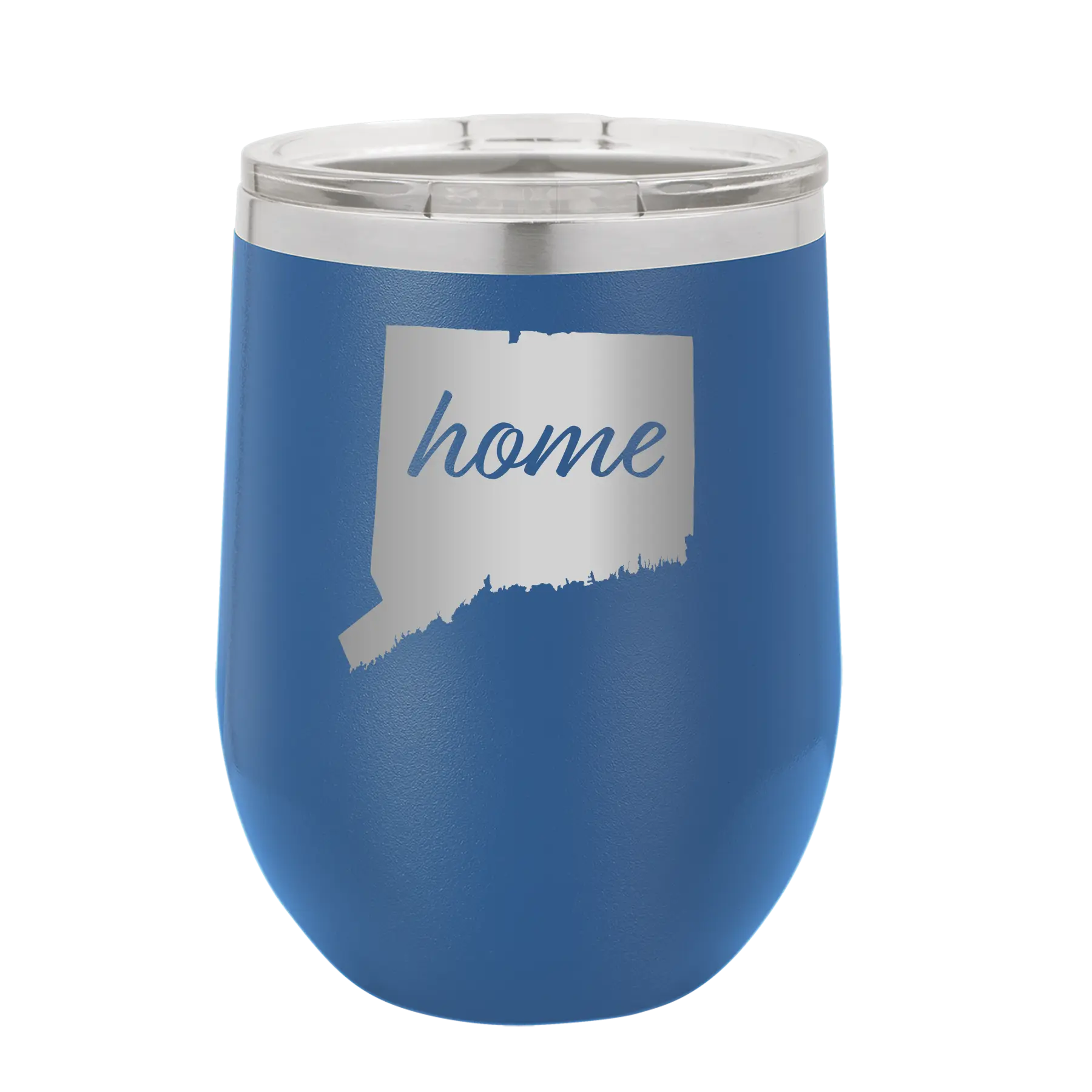 Laser etched royal blue 12 oz vacuum insulated wine cup with 'Connecticut Home' design