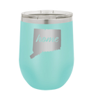 Laser etched teal 12 oz vacuum insulated wine cup with 'Connecticut Home' design