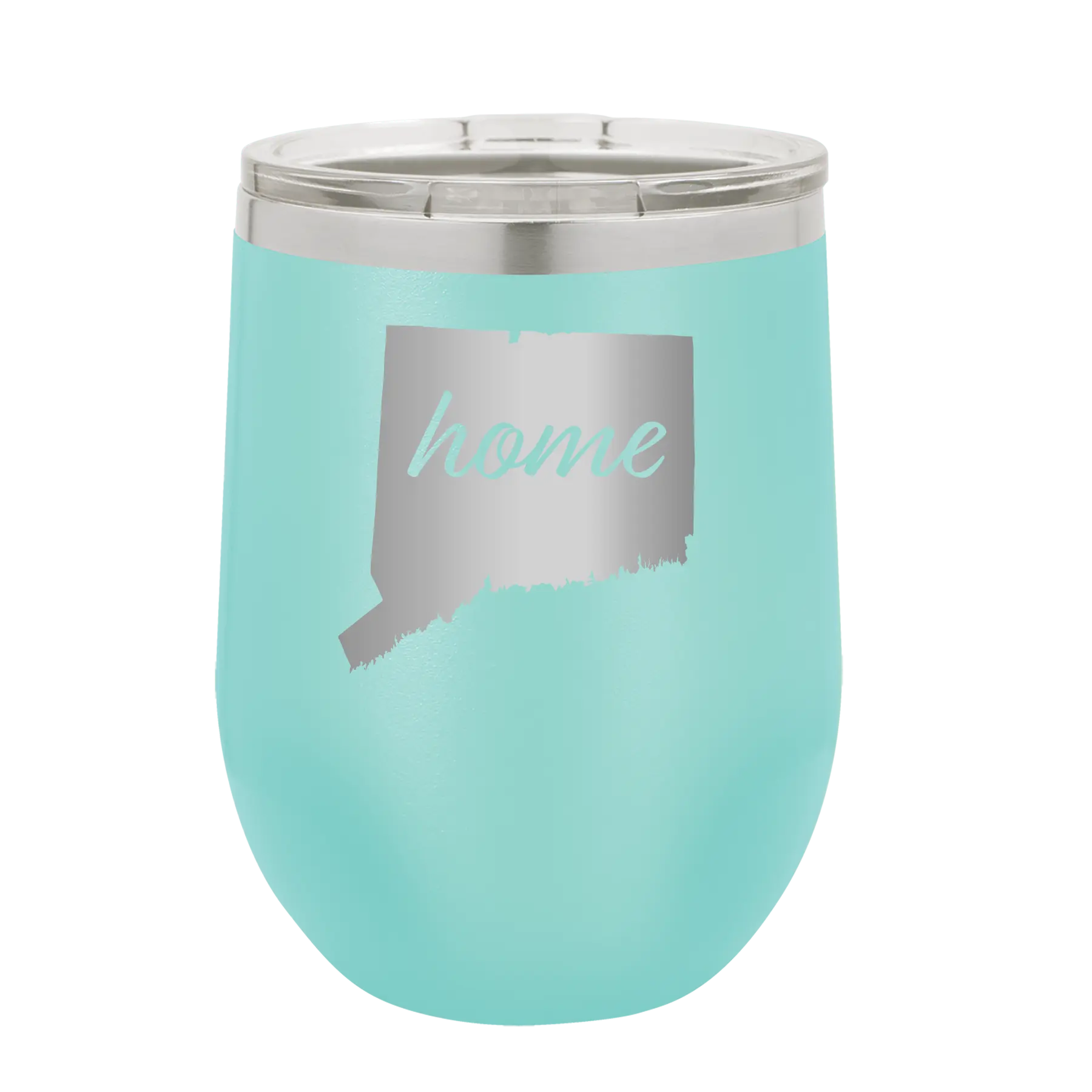 Laser etched teal 12 oz vacuum insulated wine cup with 'Connecticut Home' design