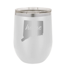 Laser etched white 12 oz vacuum insulated wine cup with 'Connecticut Home' design