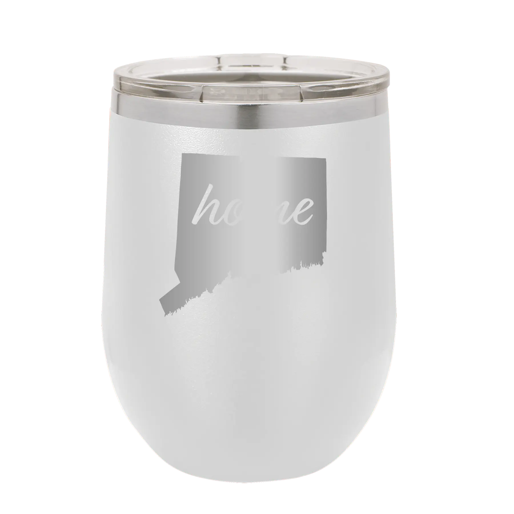 Laser etched white 12 oz vacuum insulated wine cup with 'Connecticut Home' design