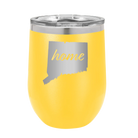 Laser etched yellow 12 oz vacuum insulated wine cup with 'Connecticut Home' design
