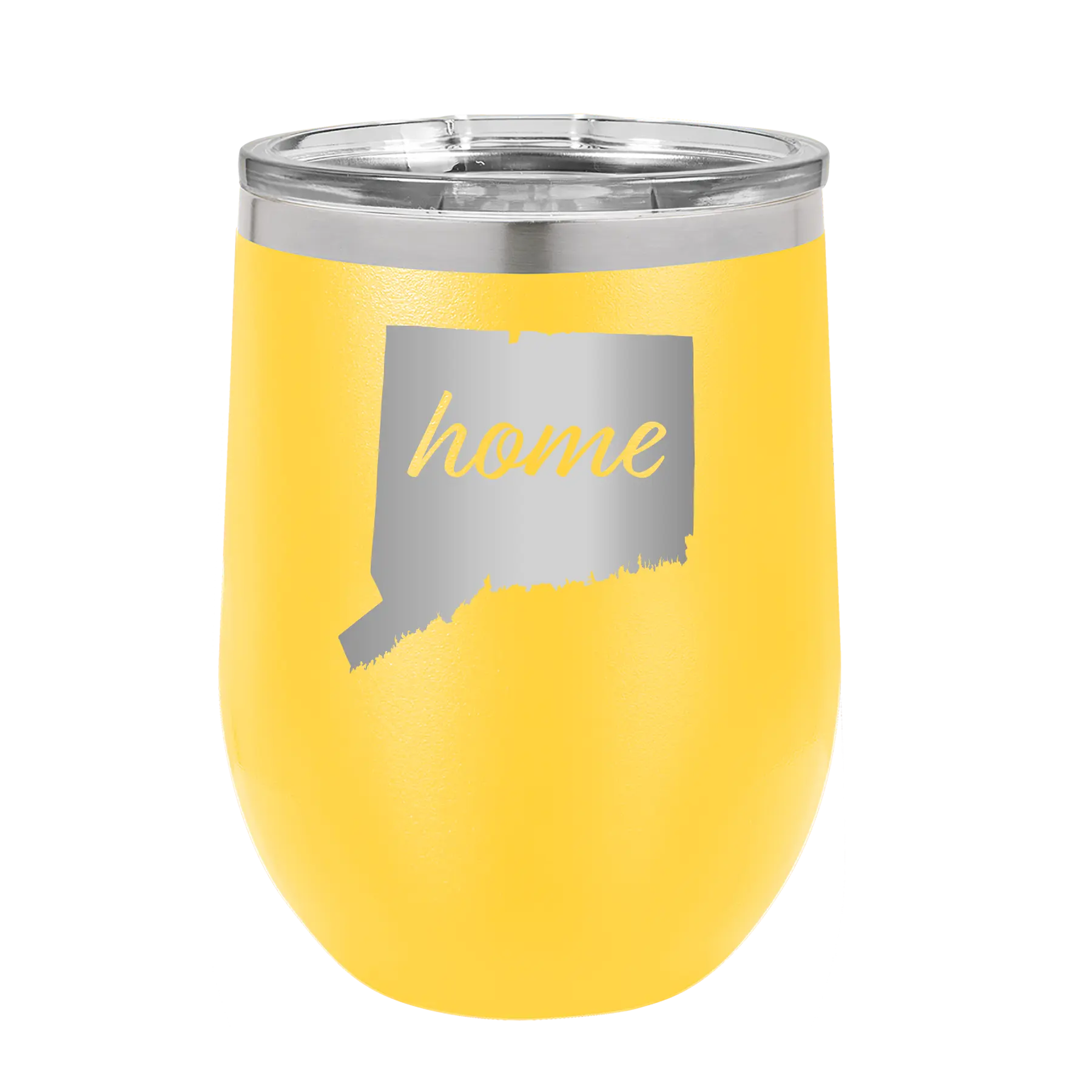 Laser etched yellow 12 oz vacuum insulated wine cup with 'Connecticut Home' design