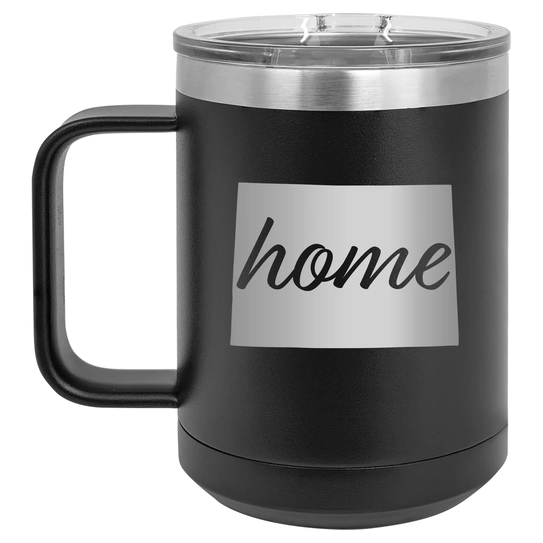 Laser etched black 15 oz vacuum insulated coffee mug with 'Colorado Home' design