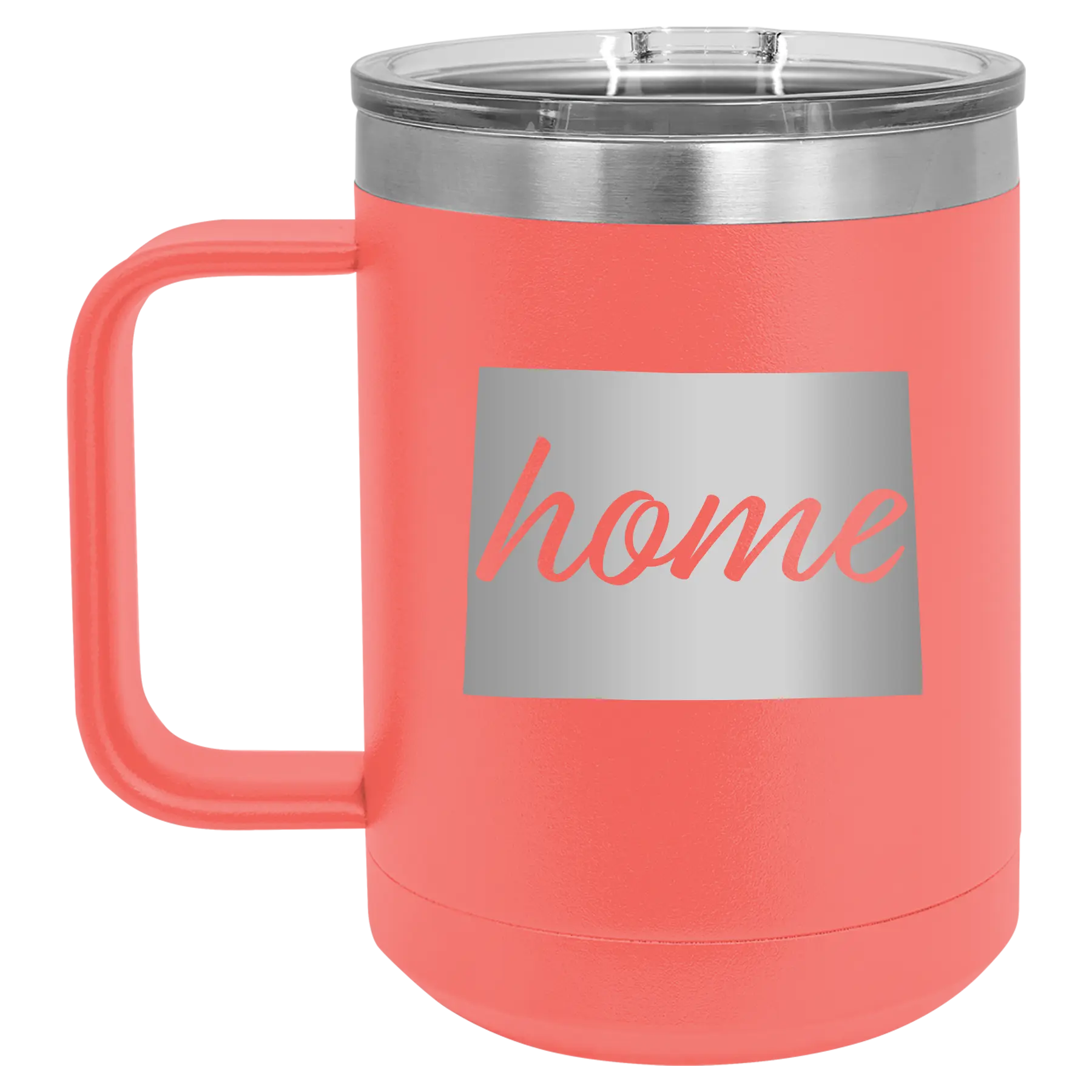 Laser etched coral 15 oz vacuum insulated coffee mug with 'Colorado Home' design