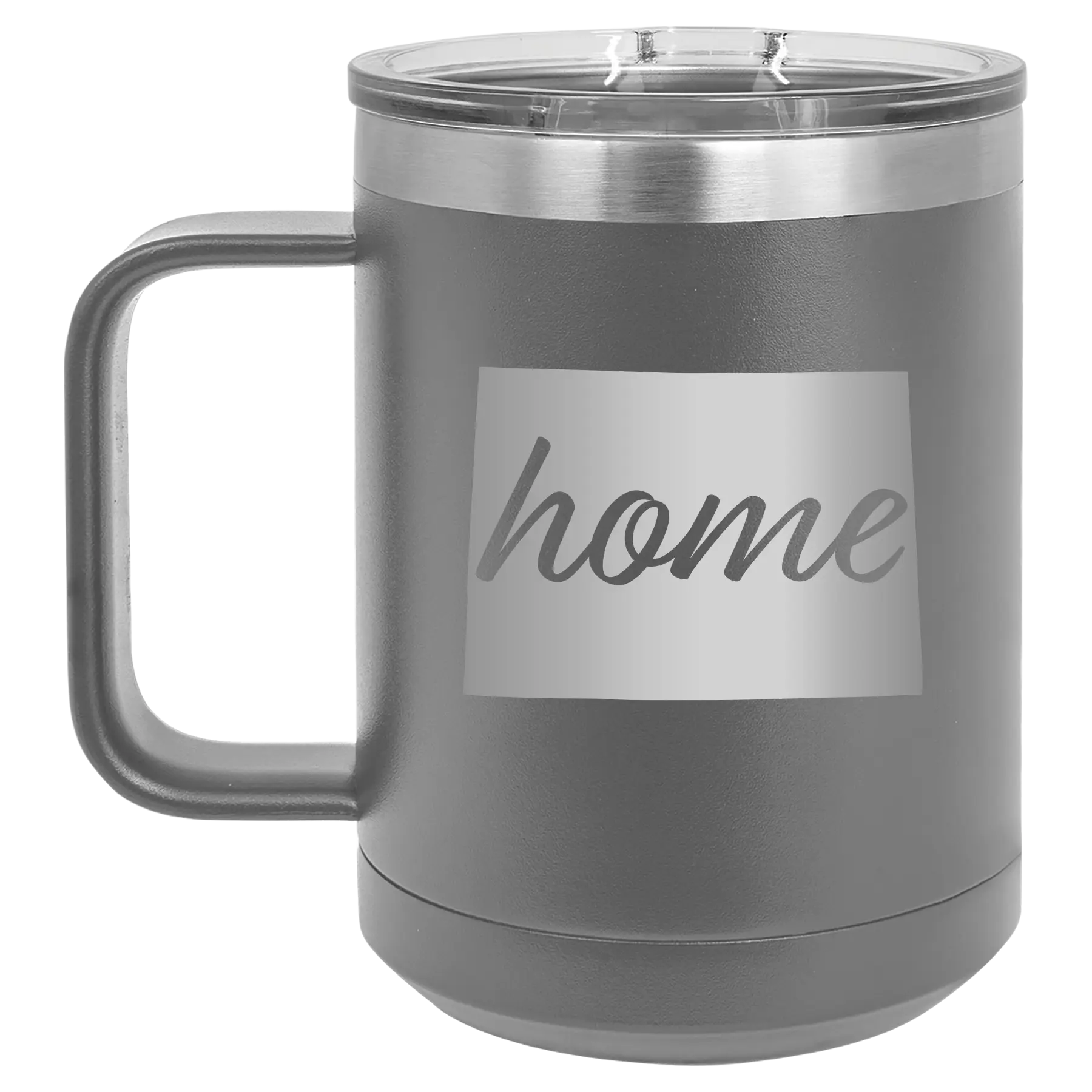 Laser etched dark gray 15 oz vacuum insulated coffee mug with 'Colorado Home' design