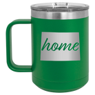 Laser etched green 15 oz vacuum insulated coffee mug with 'Colorado Home' design