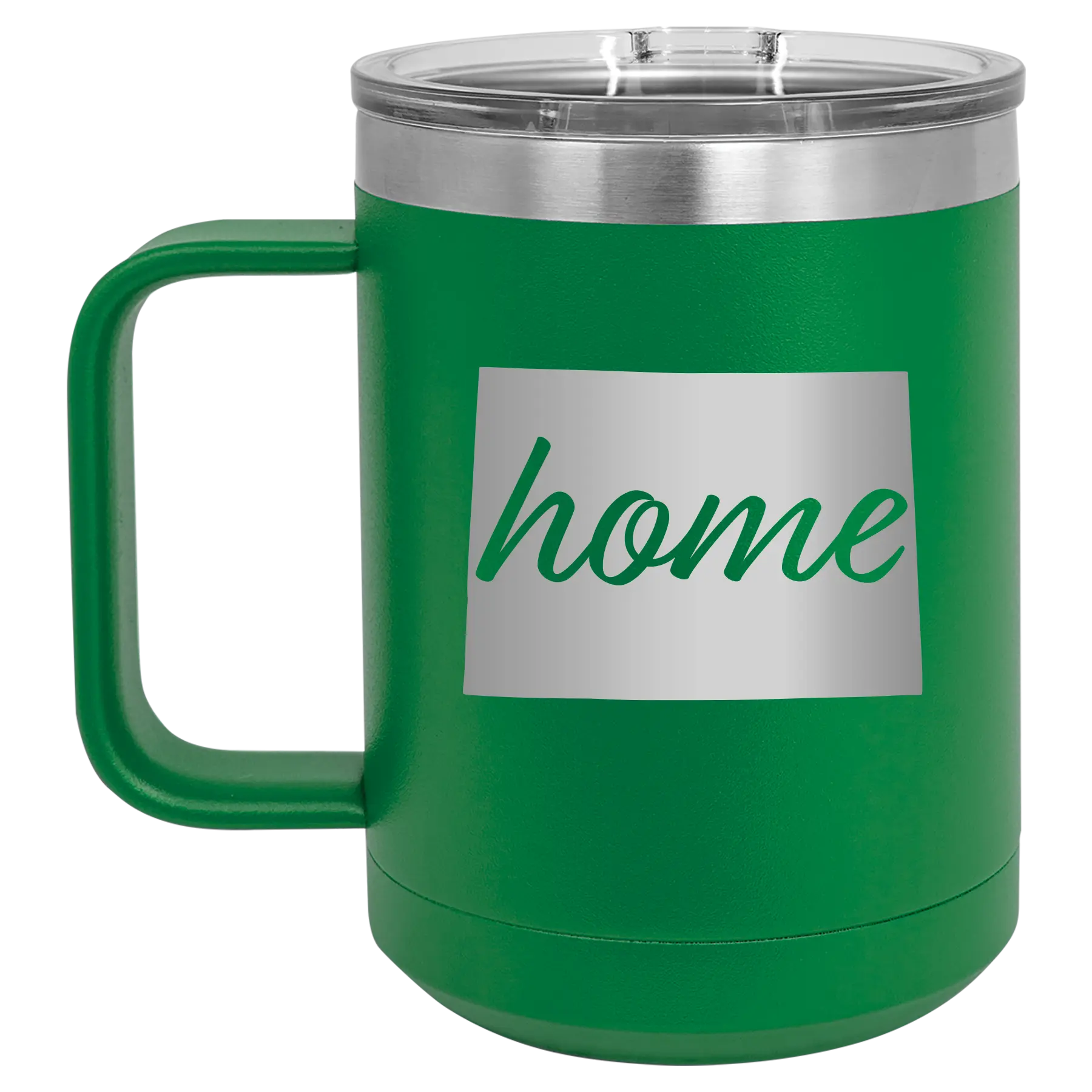 Laser etched green 15 oz vacuum insulated coffee mug with 'Colorado Home' design