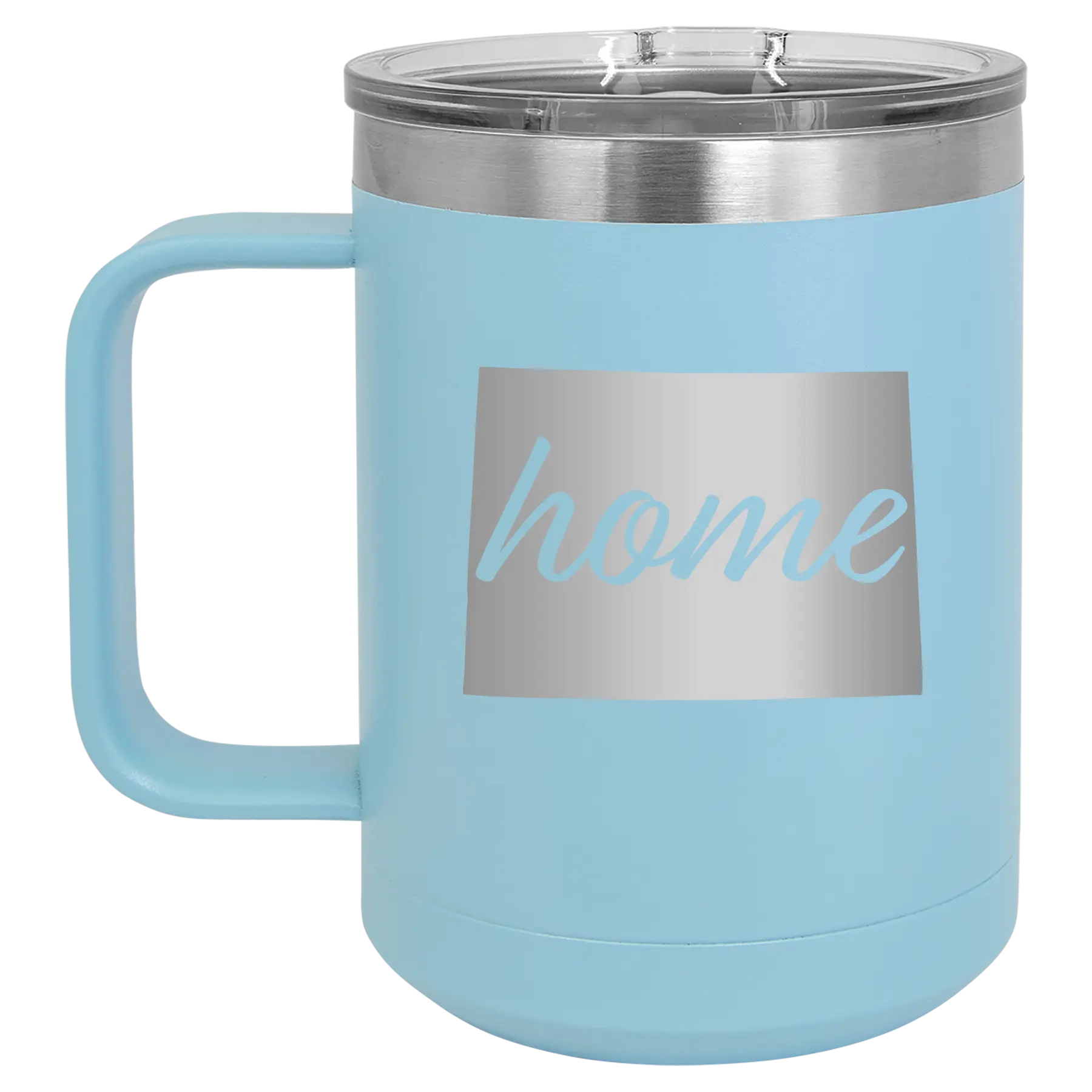 Laser etched light blue 15 oz vacuum insulated coffee mug with 'Colorado Home' design