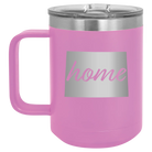Laser etched light purple 15 oz vacuum insulated coffee mug with 'Colorado Home' design