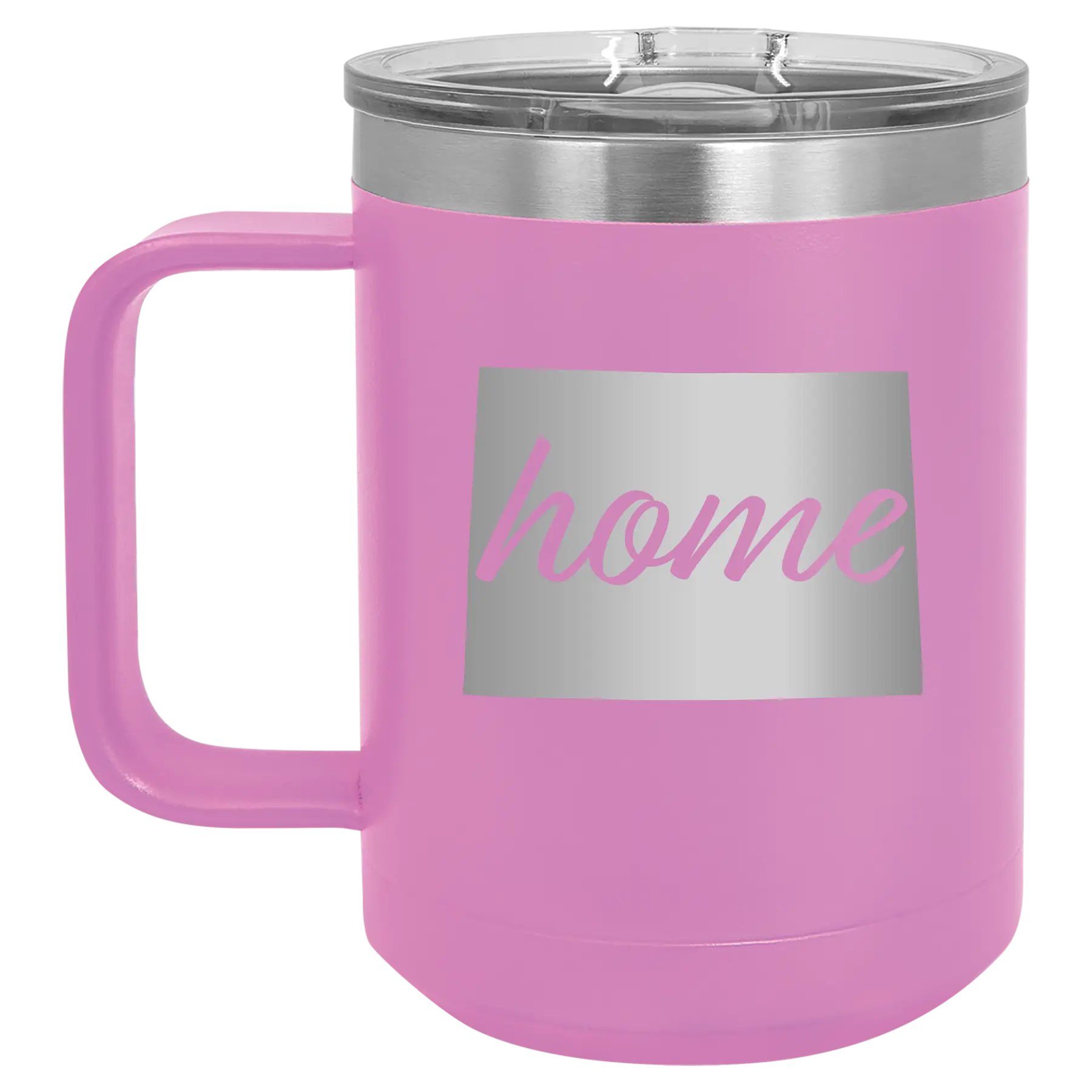 Laser etched light purple 15 oz vacuum insulated coffee mug with 'Colorado Home' design