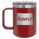 Laser etched maroon 15 oz vacuum insulated coffee mug with 'Colorado Home' design