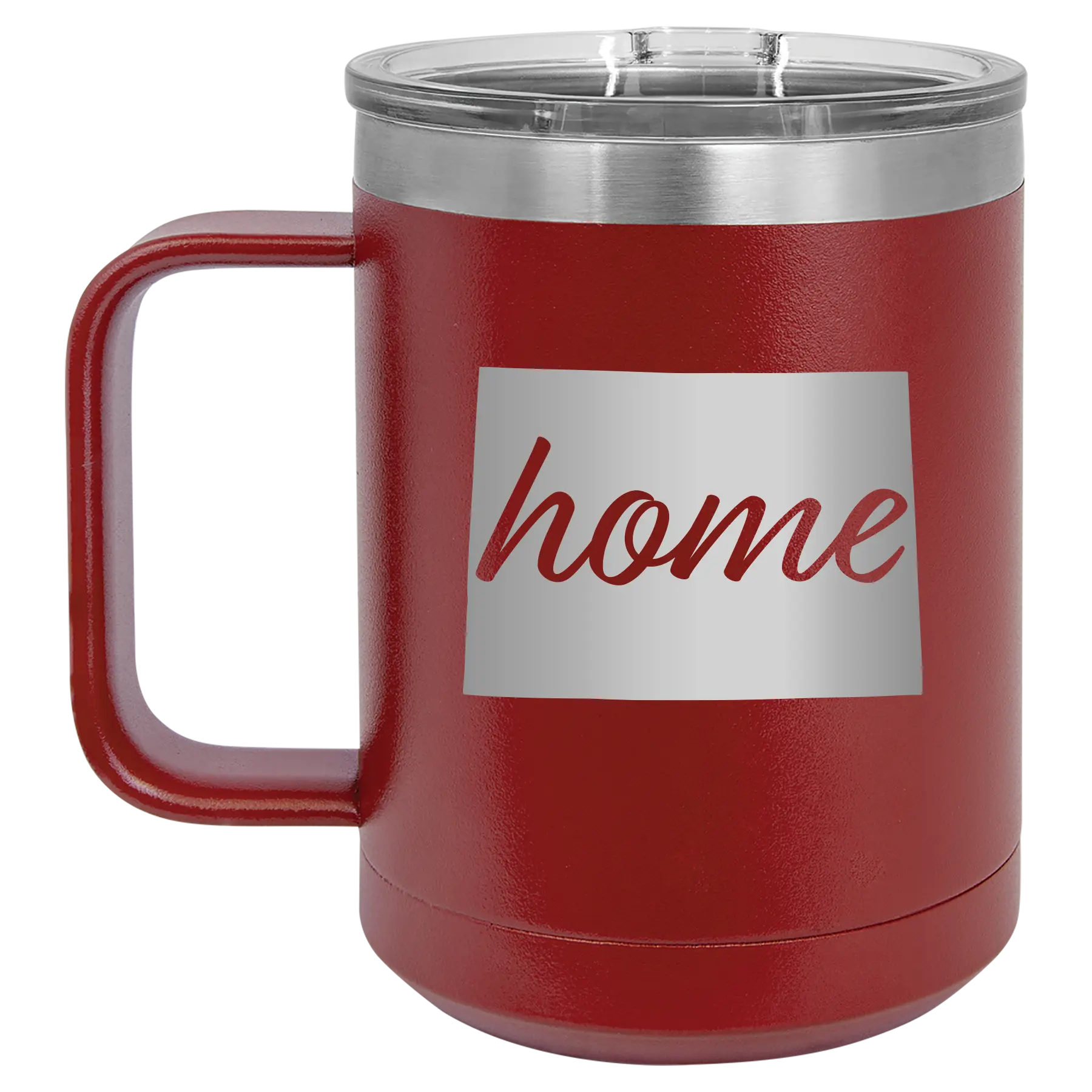 Laser etched maroon 15 oz vacuum insulated coffee mug with 'Colorado Home' design