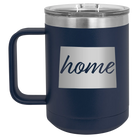 Laser etched navy 15 oz vacuum insulated coffee mug with 'Colorado Home' design