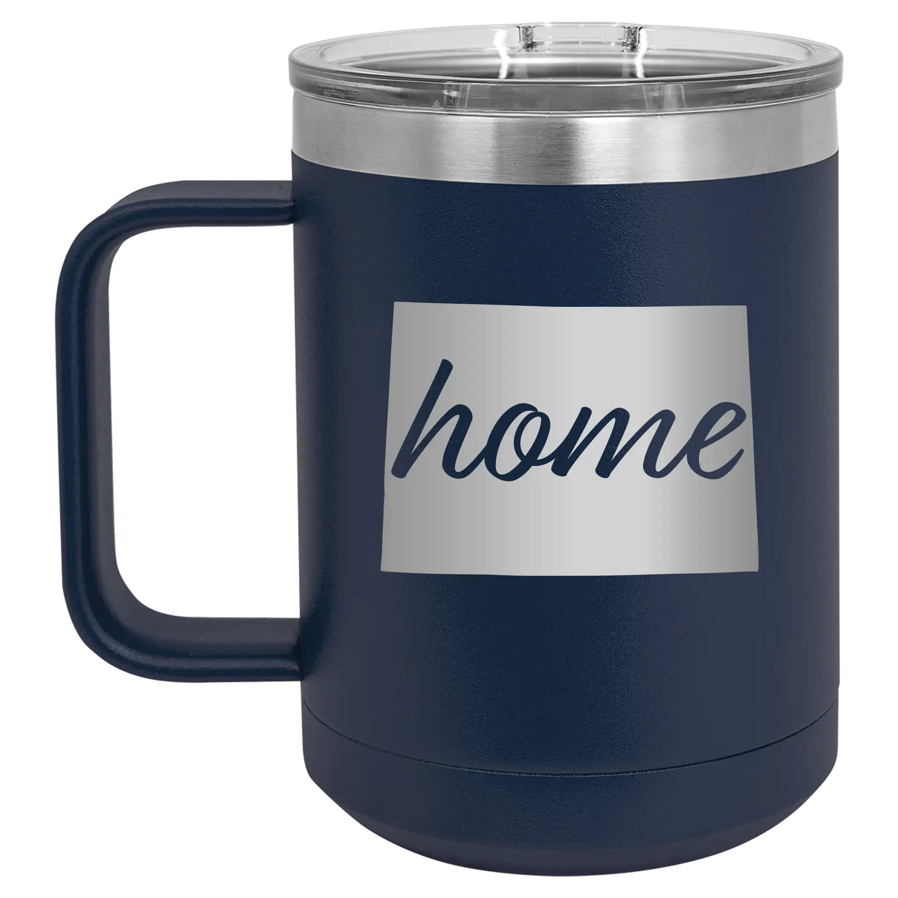 Laser etched navy 15 oz vacuum insulated coffee mug with 'Colorado Home' design