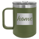 Laser etched olive green 15 oz vacuum insulated coffee mug with 'Colorado Home' design