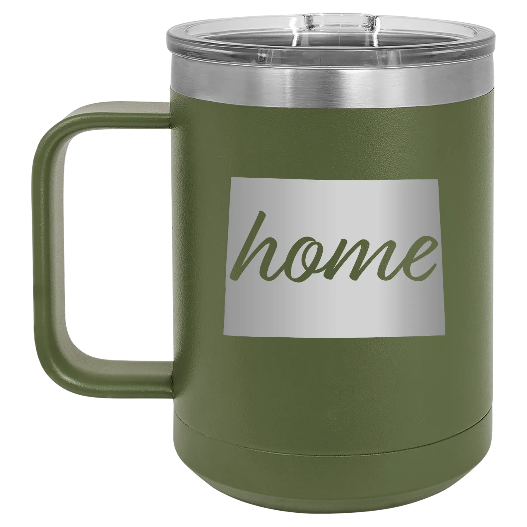 Laser etched olive green 15 oz vacuum insulated coffee mug with 'Colorado Home' design