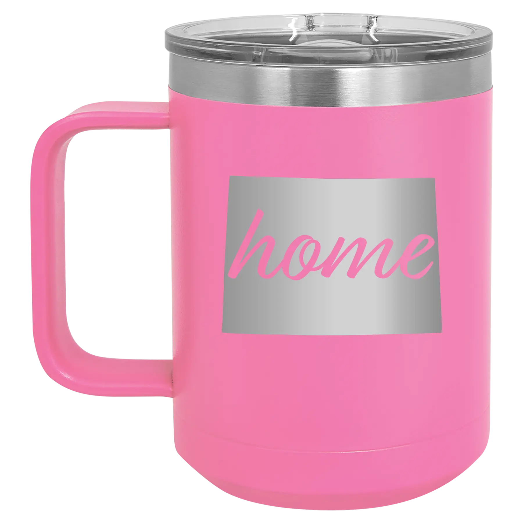Laser etched pink 15 oz vacuum insulated coffee mug with 'Colorado Home' design