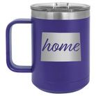 Laser etched purple 15 oz vacuum insulated coffee mug with 'Colorado Home' design