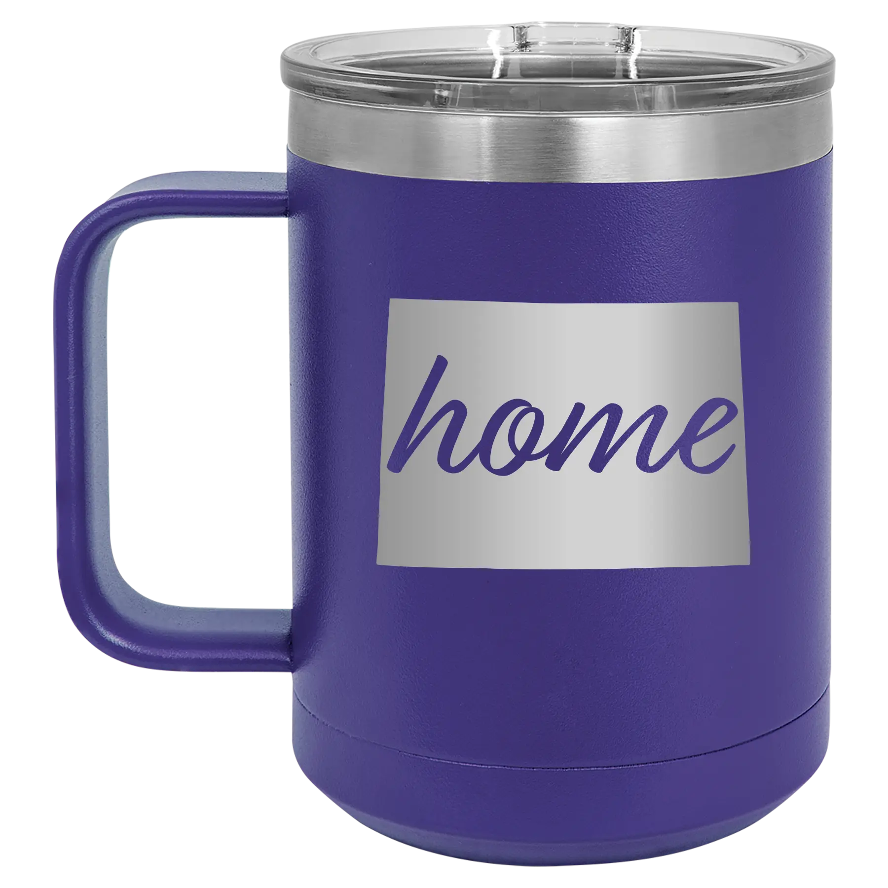 Laser etched purple 15 oz vacuum insulated coffee mug with 'Colorado Home' design