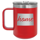 Laser etched red 15 oz vacuum insulated coffee mug with 'Colorado Home' design