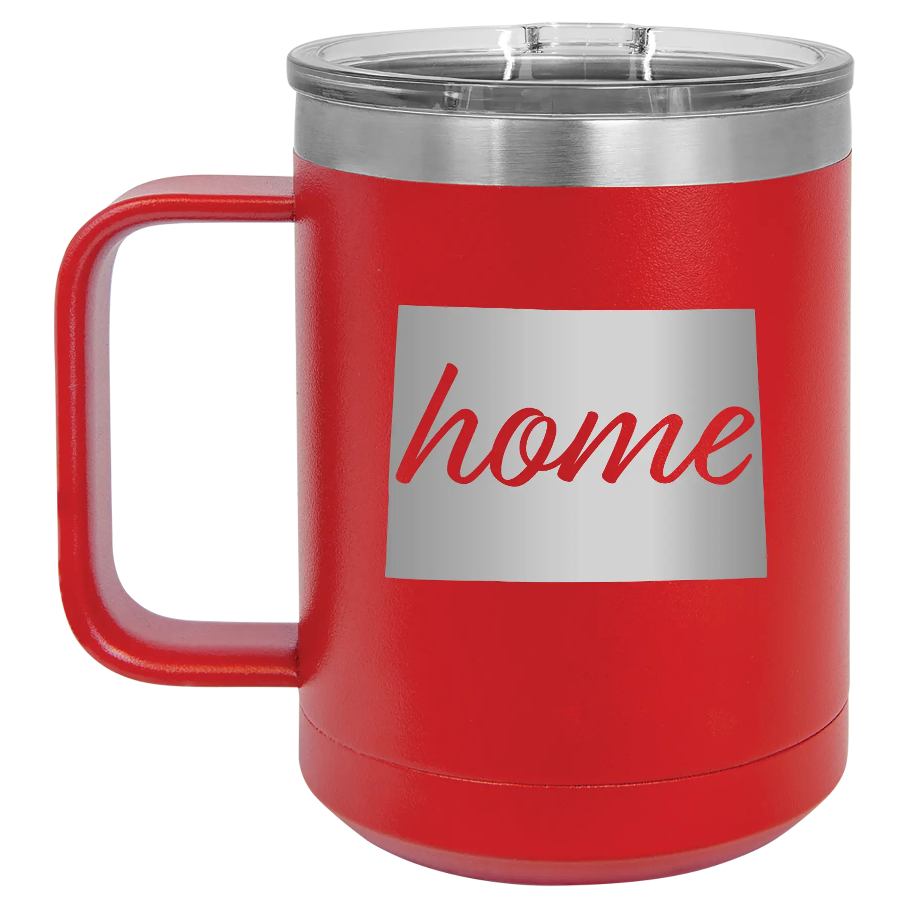 Laser etched red 15 oz vacuum insulated coffee mug with 'Colorado Home' design