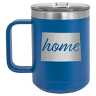 Laser etched royal blue 15 oz vacuum insulated coffee mug with 'Colorado Home' design
