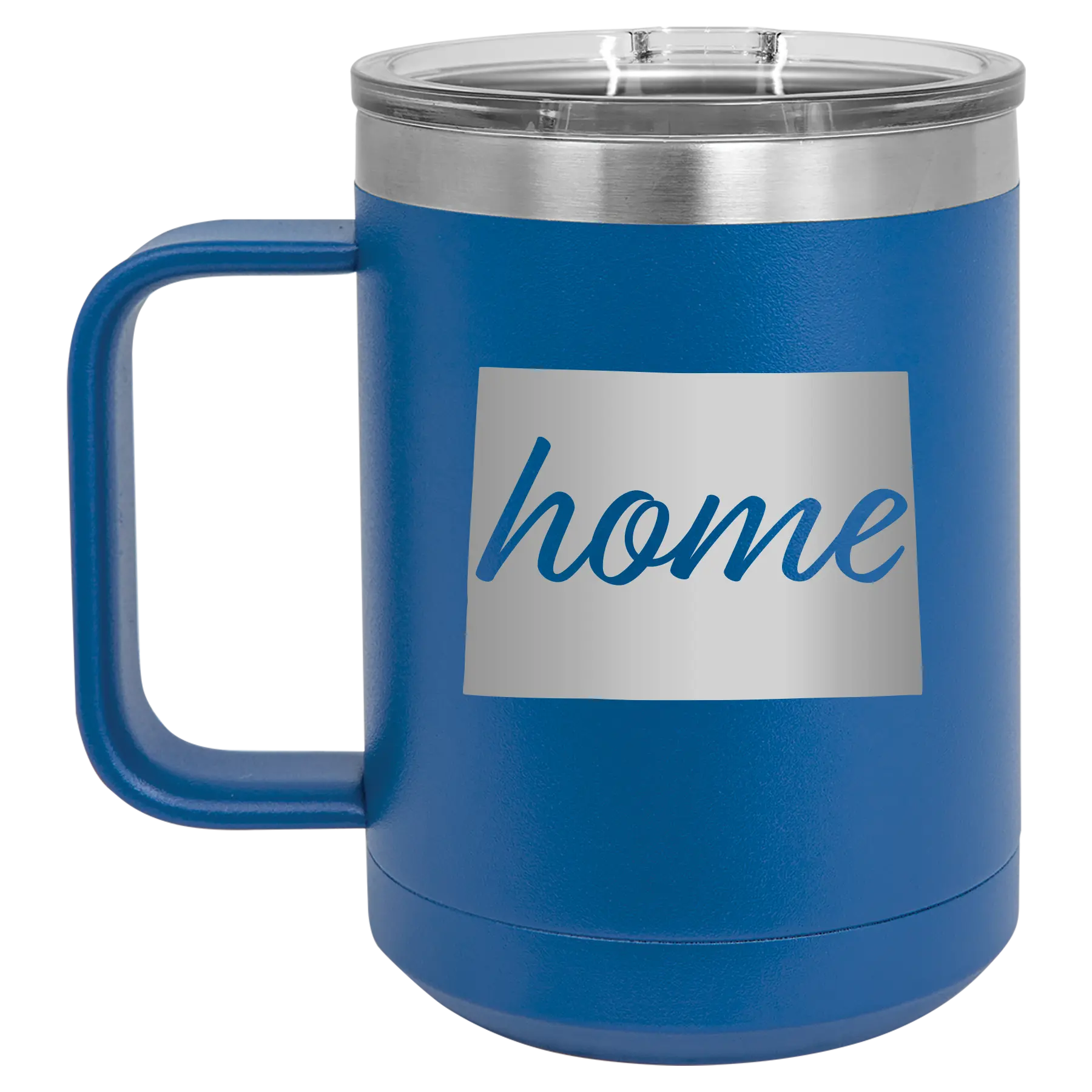 Laser etched royal blue 15 oz vacuum insulated coffee mug with 'Colorado Home' design