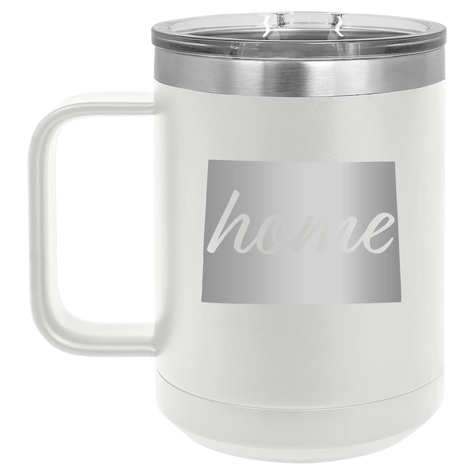 Laser etched white 15 oz vacuum insulated coffee mug with 'Colorado Home' design