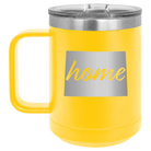 Laser etched yellow 15 oz vacuum insulated coffee mug with 'Colorado Home' design