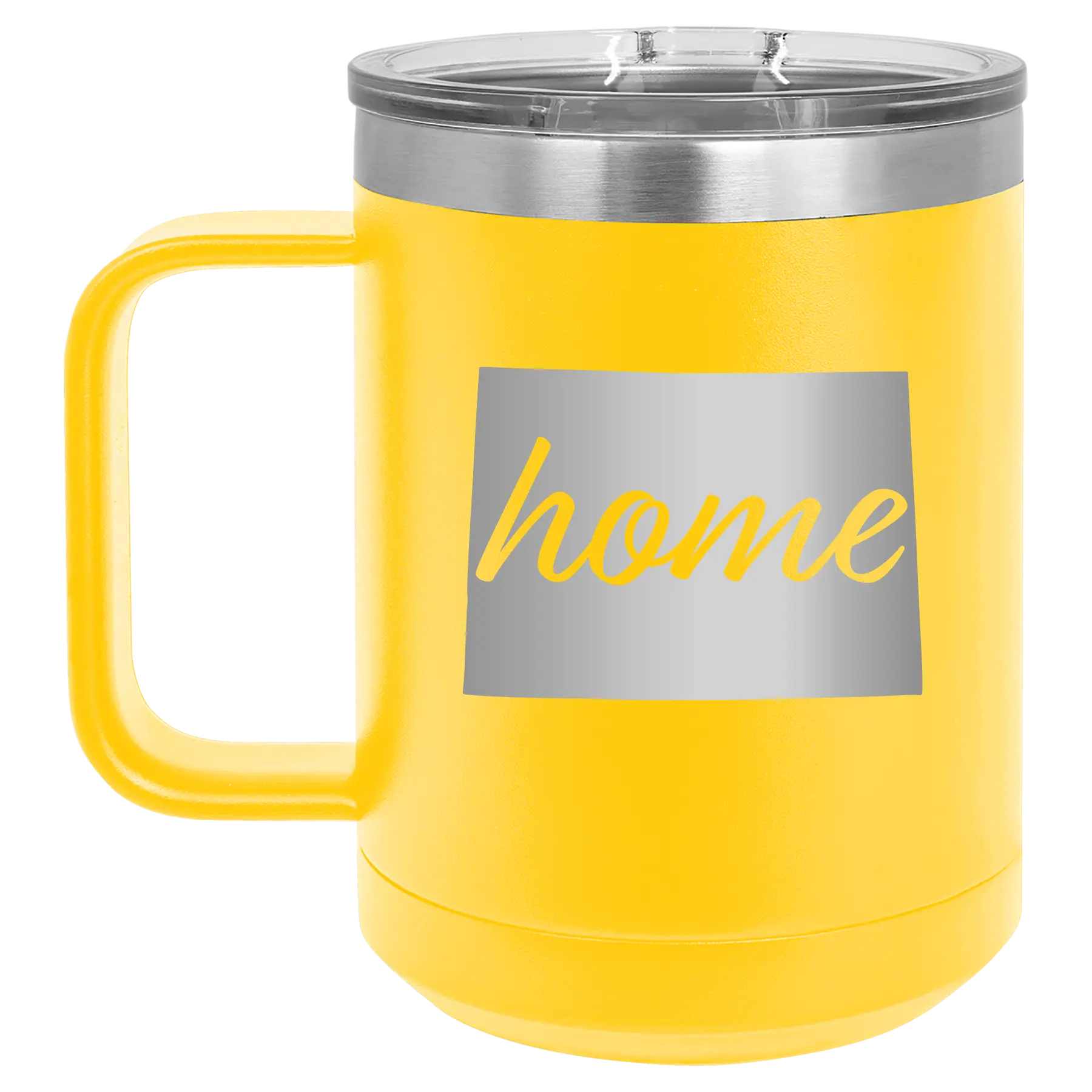 Laser etched yellow 15 oz vacuum insulated coffee mug with 'Colorado Home' design