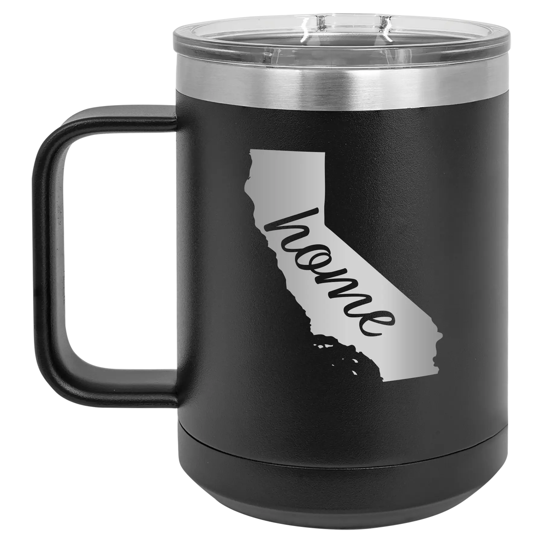 Laser etched black 15 oz vacuum insulated coffee mug with 'California Home' design