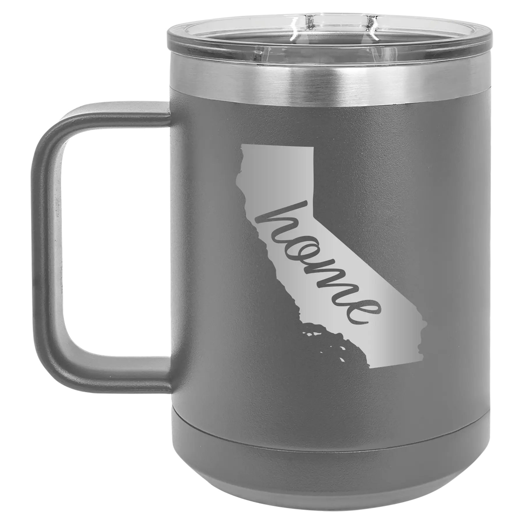 Laser etched dark gray 15 oz vacuum insulated coffee mug with 'California Home' design