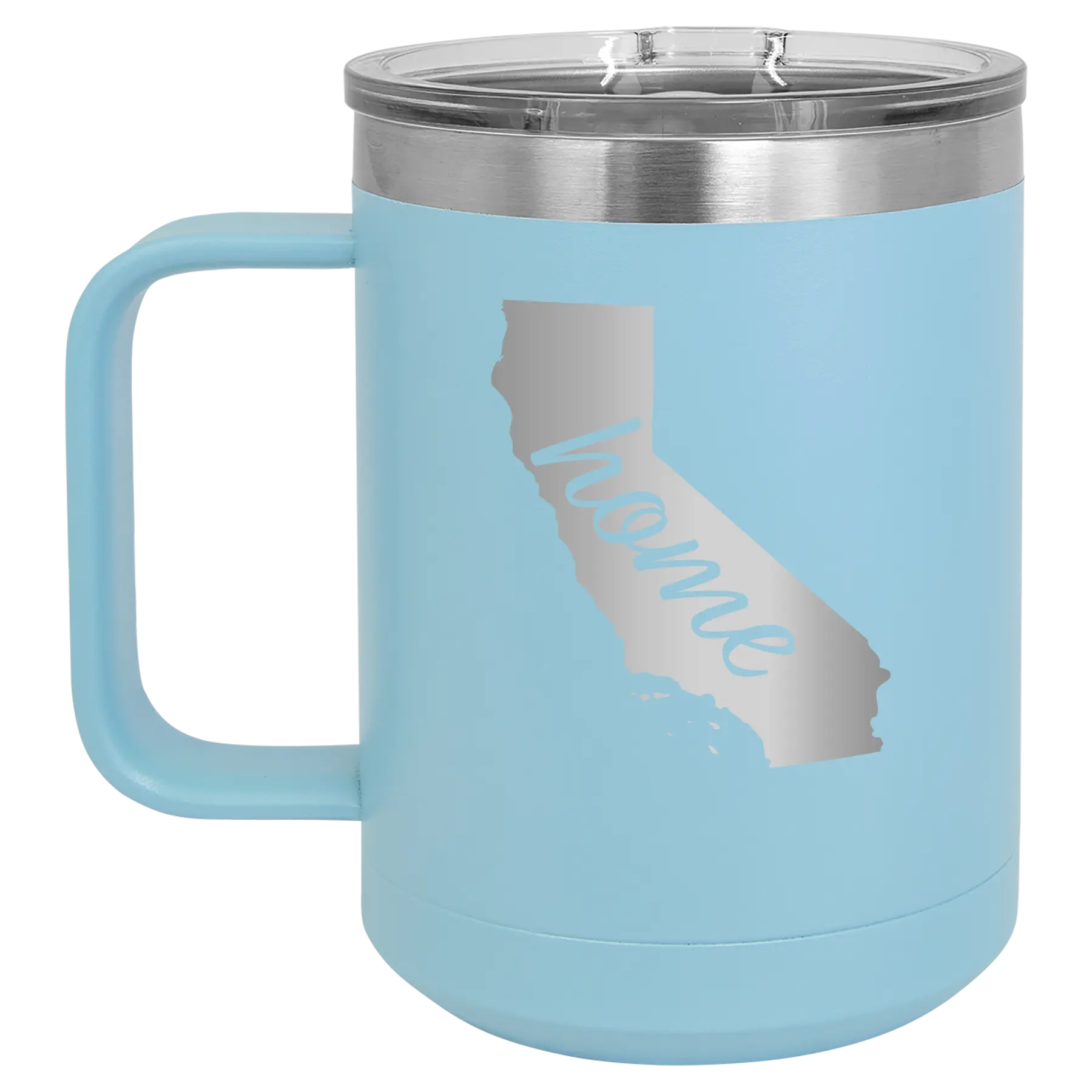 Laser etched light blue 15 oz vacuum insulated coffee mug with 'California Home' design