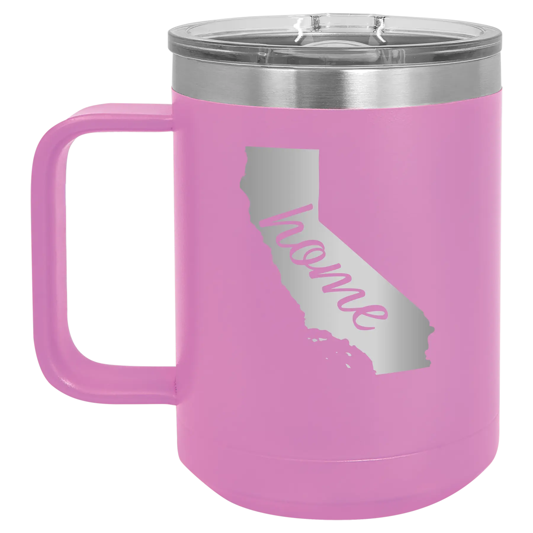 Laser etched light purple 15 oz vacuum insulated coffee mug with 'California Home' design