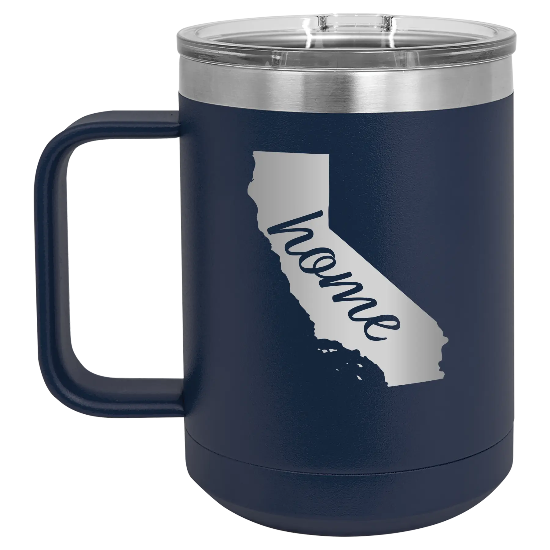 Laser etched navy 15 oz vacuum insulated coffee mug with 'California Home' design