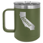 Laser etched olive green 15 oz vacuum insulated coffee mug with 'California Home' design